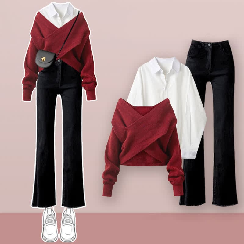 Cross Knit Sweater Lapel Shirt Flared Jeans Set - Set / M