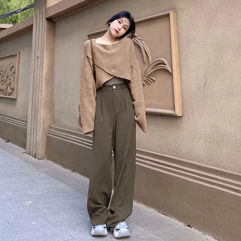 Cross Knit Sweater Lapel Shirt High Waist Pants Set