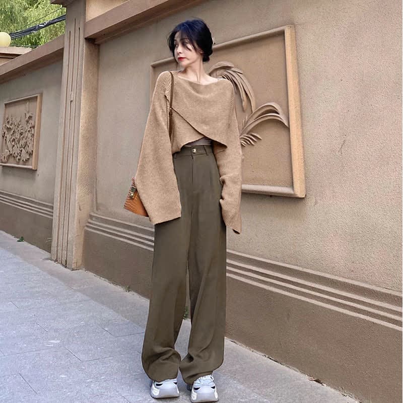 Cross Knit Sweater Lapel Shirt High Waist Pants Set