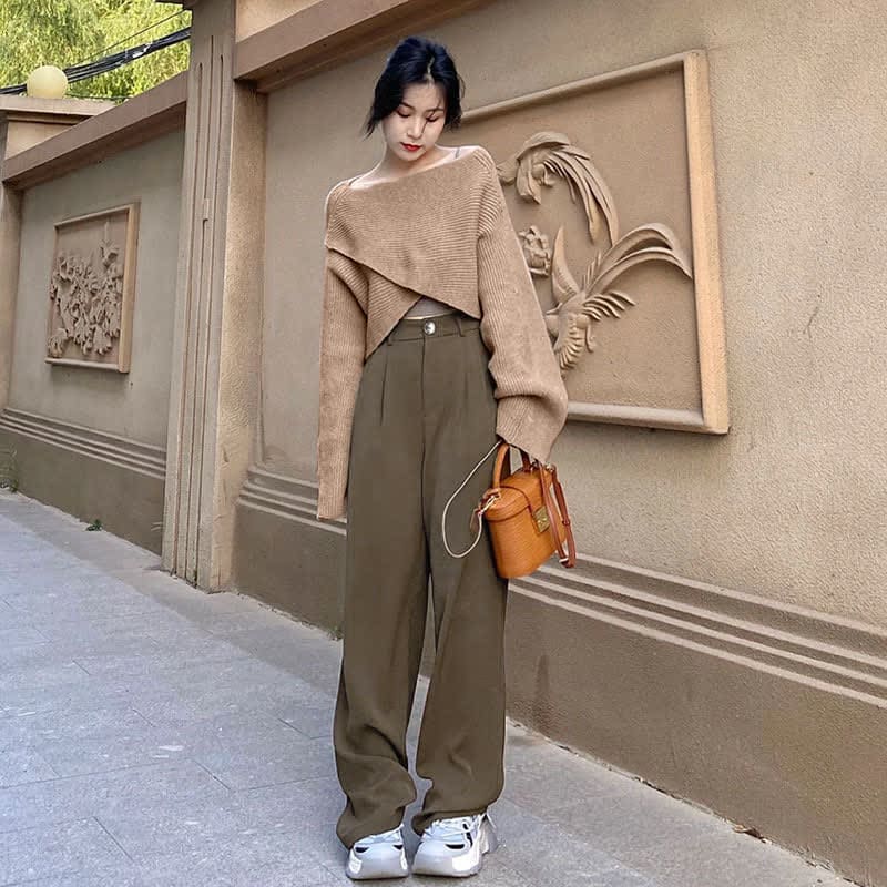 Cross Knit Sweater Lapel Shirt High Waist Pants Set