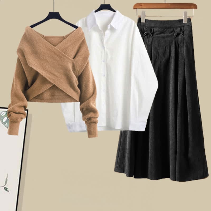 Cross Knit Sweater Lapel Shirt Pleated Skirt Set - Set / M