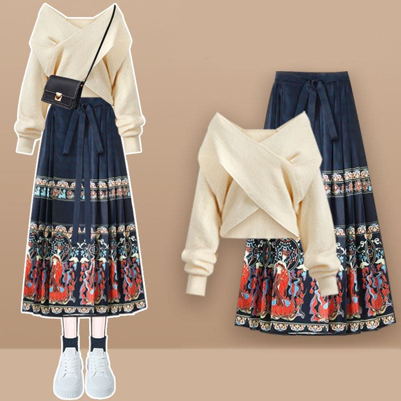 Cross Knit Sweater Vintage Print Lace Up Pleated Skirt