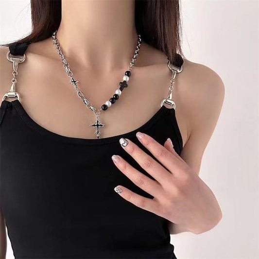 Cross Pendant Faux Pearl Alloy Necklace