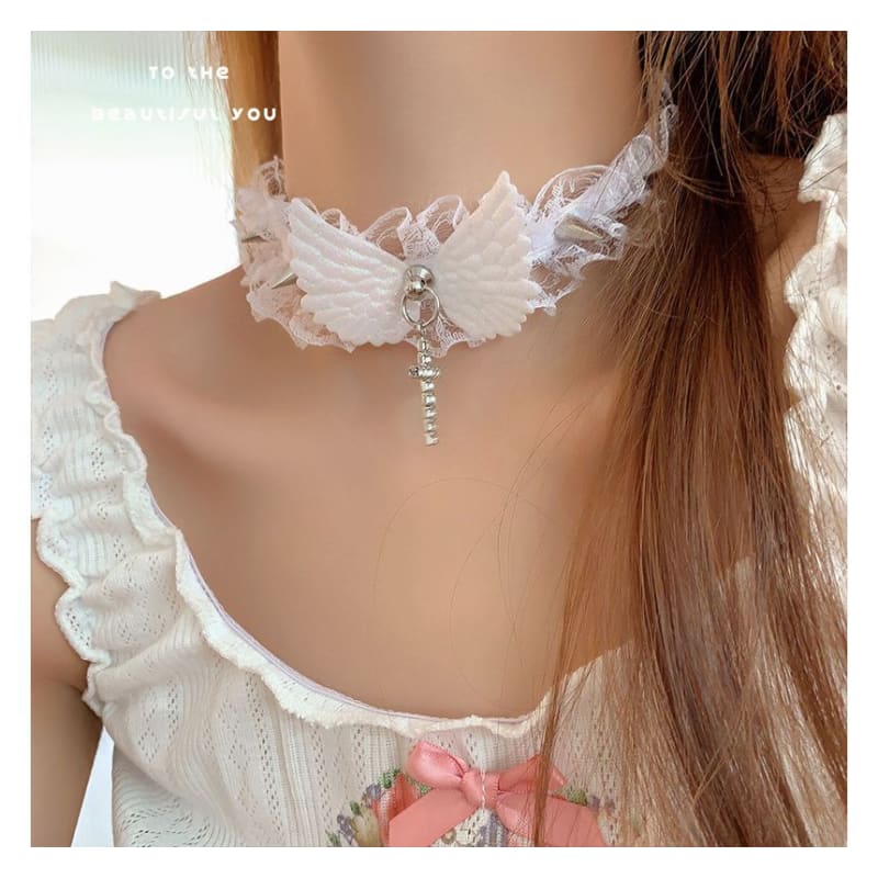 Cross Rhinestone Wing Pendant Studded Lace Choker