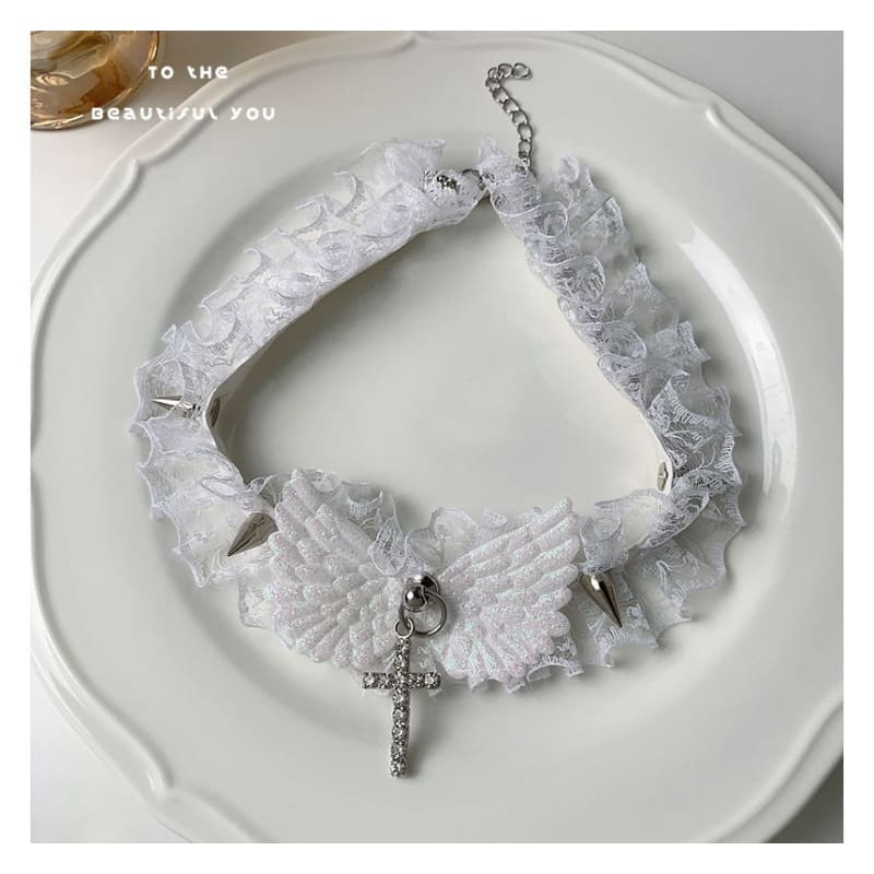 Cross Rhinestone Wing Pendant Studded Lace Choker