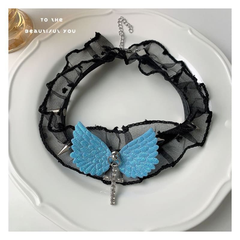 Cross Rhinestone Wing Pendant Studded Lace Choker