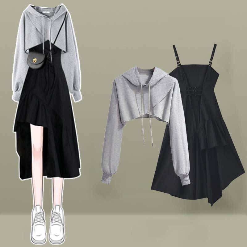 Cross Short Sport Hoodie Irregular Slip Dress Set