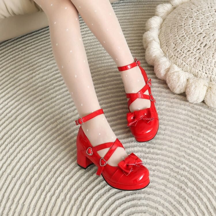 Cross Strap Bow Platform Chunky Heel Mary Jane Pumps