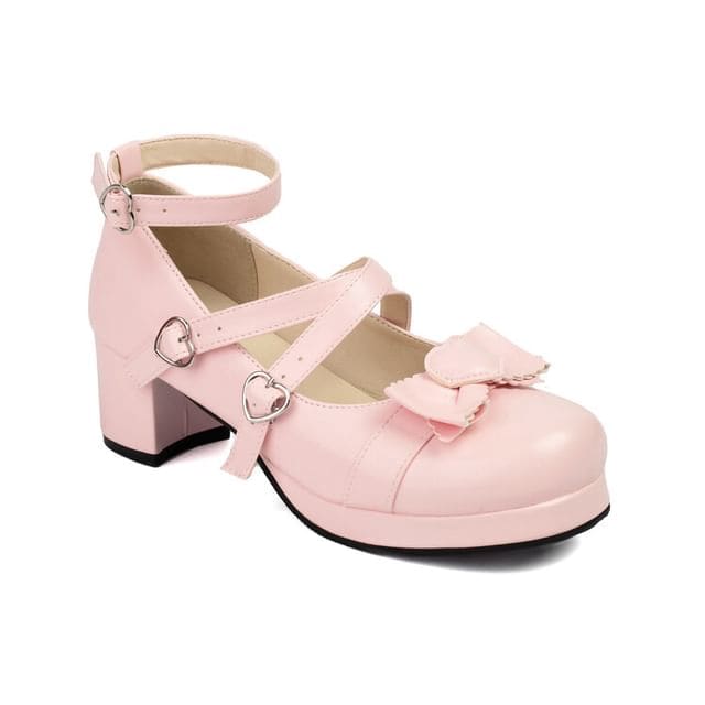 Cross Strap Bow Platform Chunky Heel Mary Jane Pumps - Pink