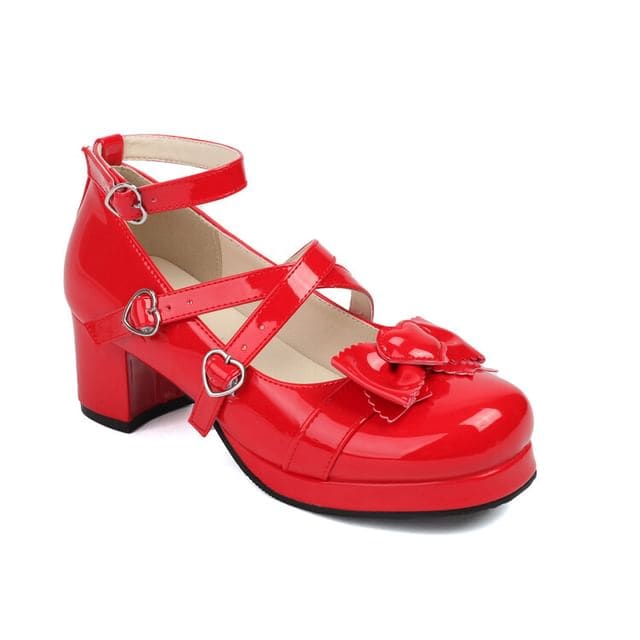 Cross Strap Bow Platform Chunky Heel Mary Jane Pumps - Red