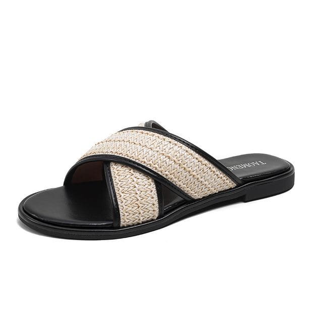 Cross Strap Slide Sandals - Slippers - Black / 34