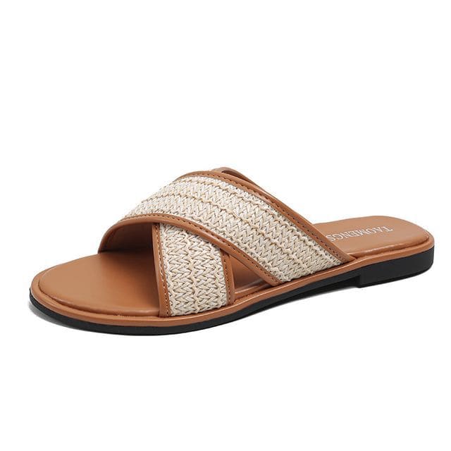 Cross Strap Slide Sandals - Slippers - Brown / 34