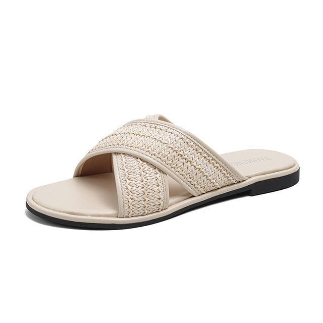 Cross Strap Slide Sandals - Without Slingback - Almond / 34