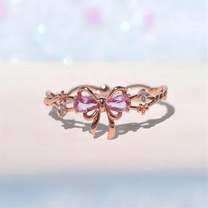 Kawaii Aesthetic Y2K Cute Fairy Chic Adjustable Crystal Floral Bowknot Ribbon Ring MK Kawaii Store