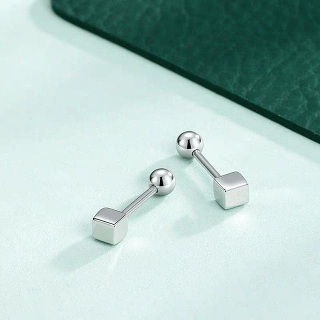 Cube Ear Stud - 1 Pair - Stud Earring - Bead - Silver