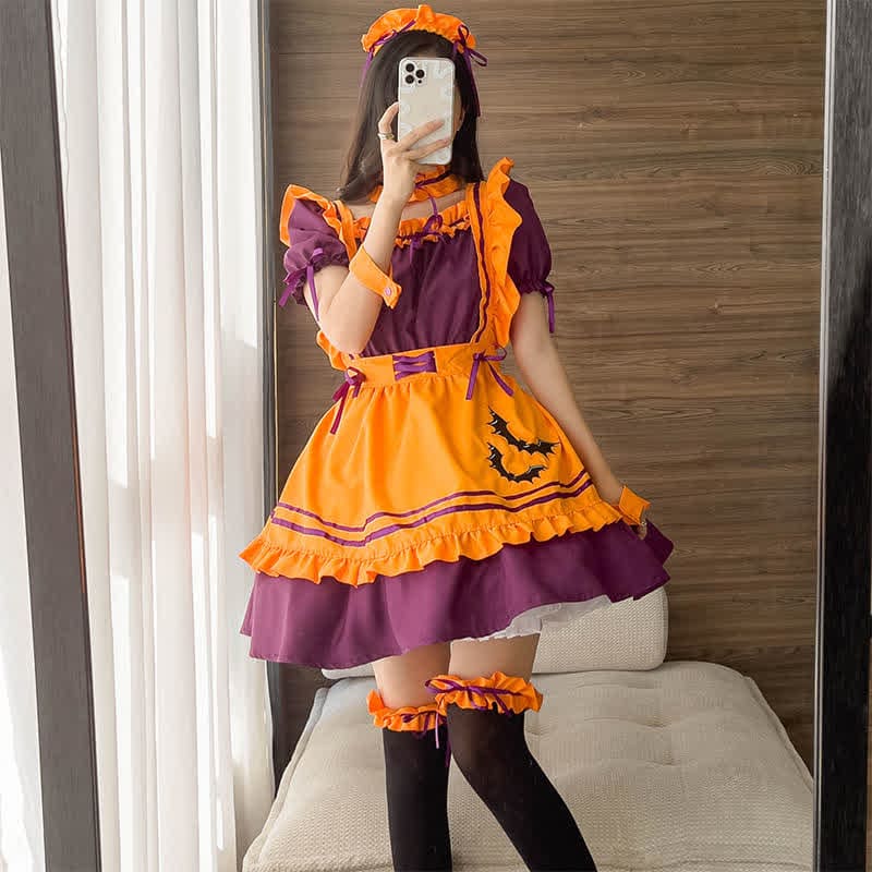 Cute Bat Embroidery Lace Up Ruffled Maid Dress