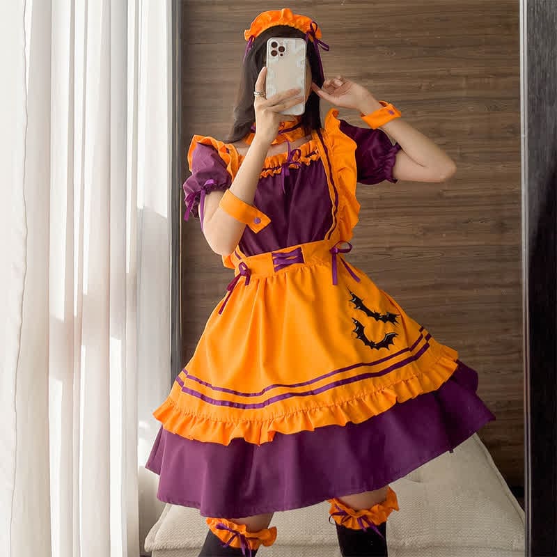 Cute Bat Embroidery Lace Up Ruffled Maid Dress