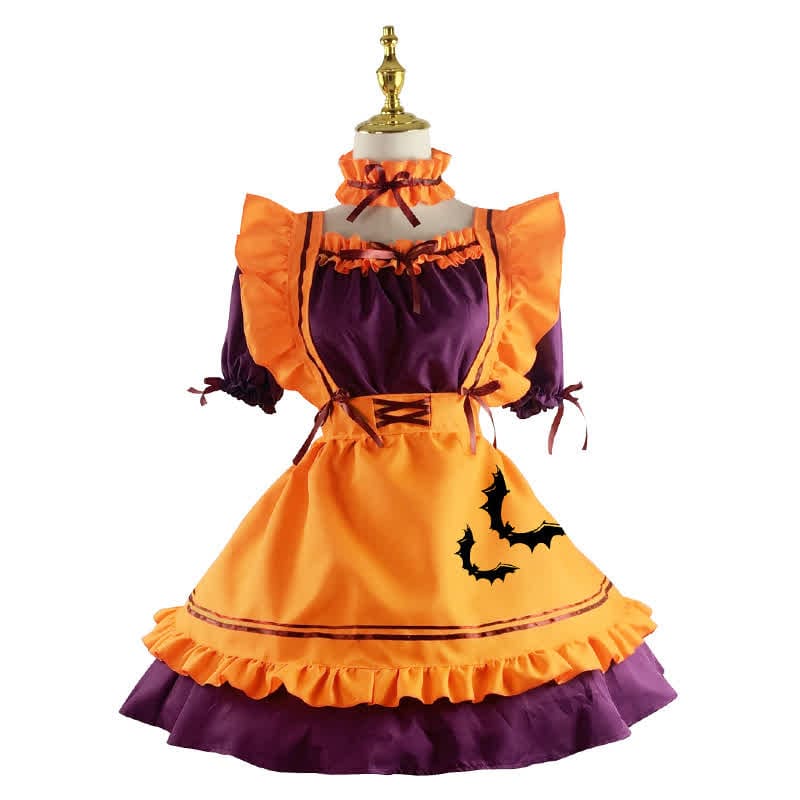 Cute Bat Embroidery Lace Up Ruffled Maid Dress - Orange / S