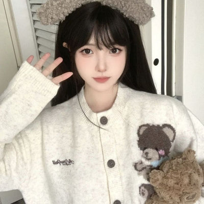 Cute Bear Crew Neck Sweater Cardigan