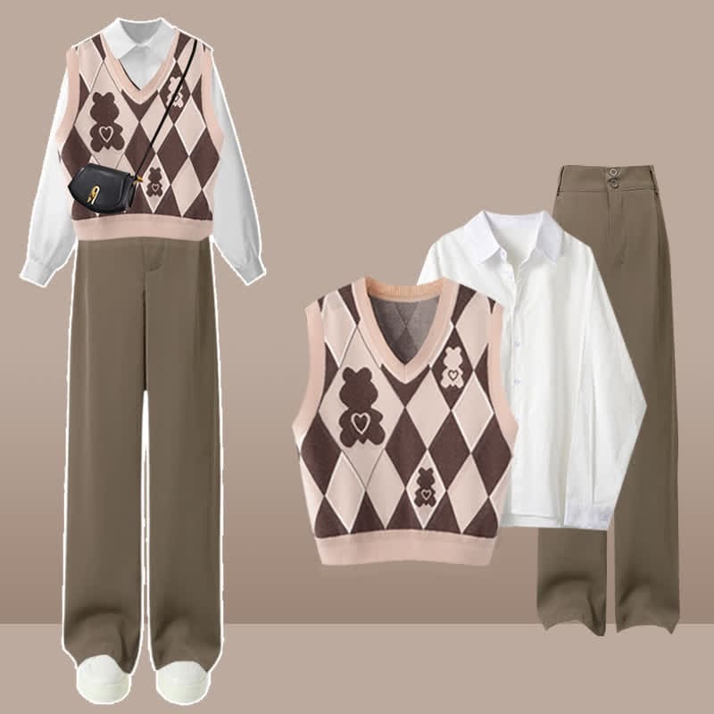 Cute Bear Print Vest Lapel Shirt High Waist Suit Pants