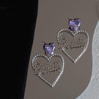 Cute Beauty Purple Gem Love Heart Earrings MM1890 - Earings