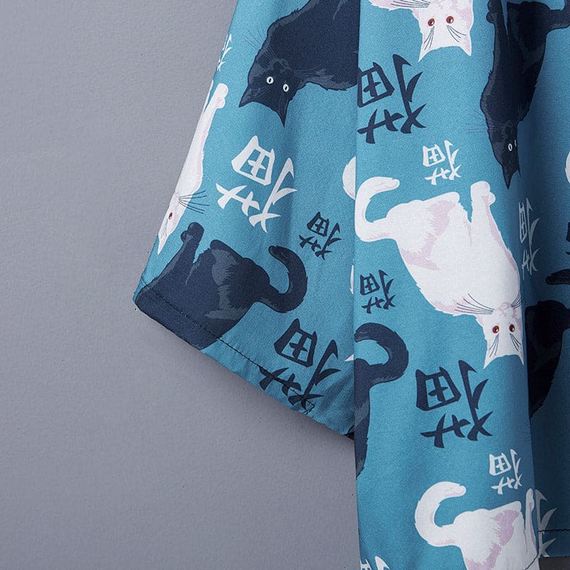 Cute Blue Cat Print Casual Kimono Outerwear