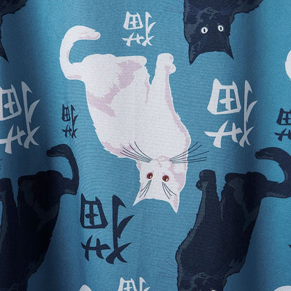 Cute Blue Cat Print Casual Kimono Outerwear