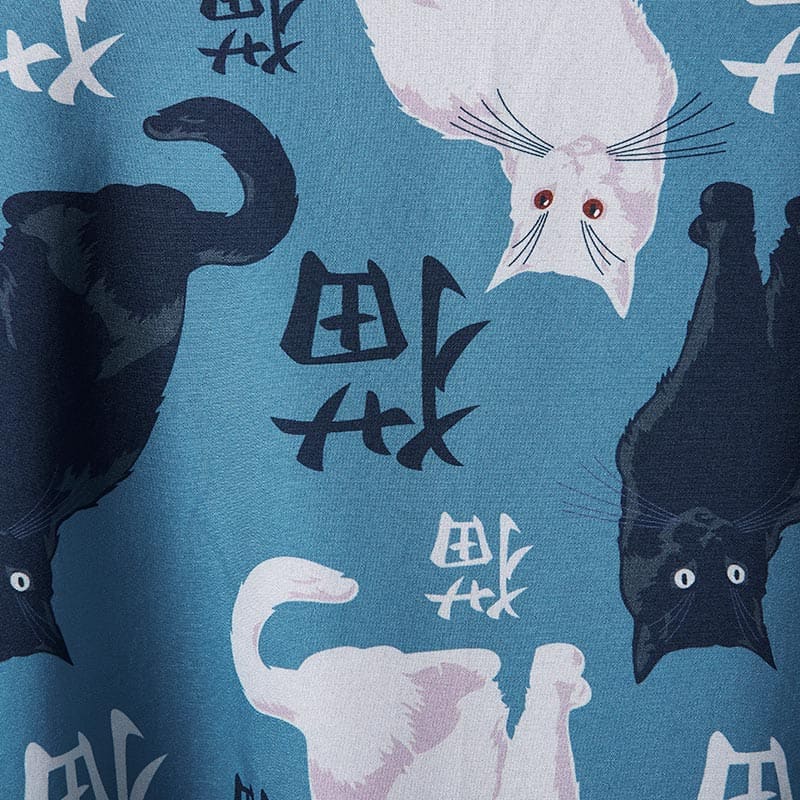 Cute Blue Cat Print Casual Kimono Outerwear