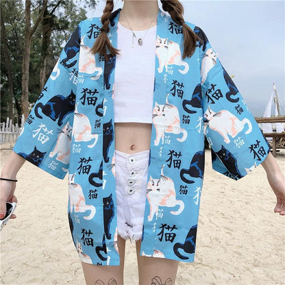 Cute Blue Cat Print Casual Kimono Outerwear