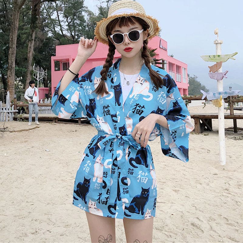 Cute Blue Cat Print Casual Kimono Outerwear