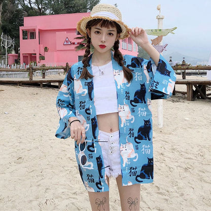 Cute Blue Cat Print Casual Kimono Outerwear