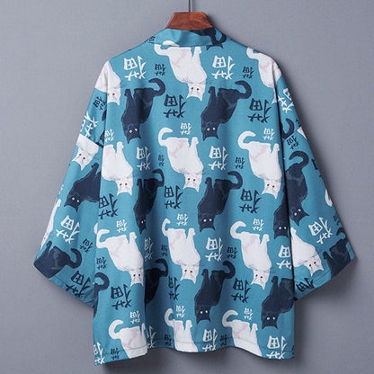 Cute Blue Cat Print Casual Kimono Outerwear - Blue