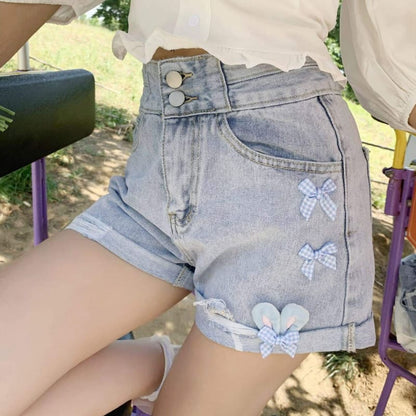 Cute Bunny Ears Bow Knot Wide Leg Denim Shorts MK16180