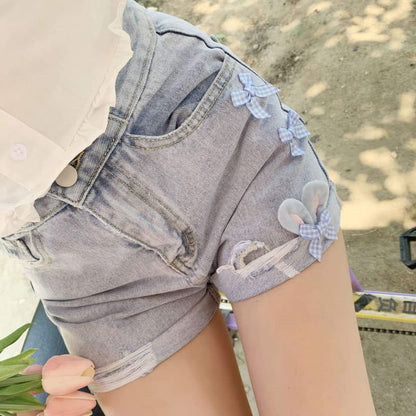 Cute Bunny Ears Bow Knot Wide Leg Denim Shorts MK16180