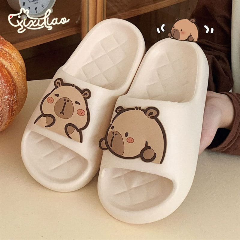 Cute Capybara Couple Slippers - Apricot White