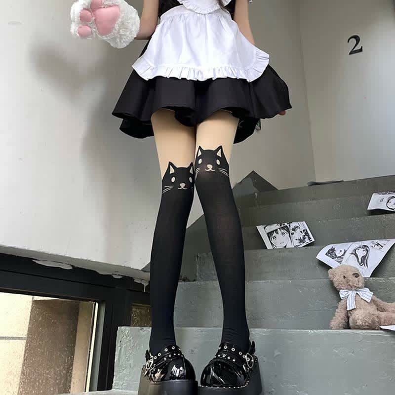 Cute Cartoon Kitty Print Lolita Stockings Tights - Black