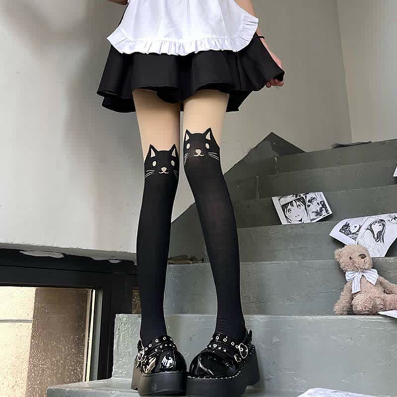 Cute Cartoon Kitty Print Lolita Stockings Tights - Black