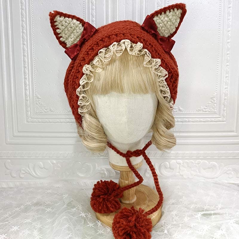 Cute Cat Ears Lace Lolita Hat Warm - Brick-Red / One Size