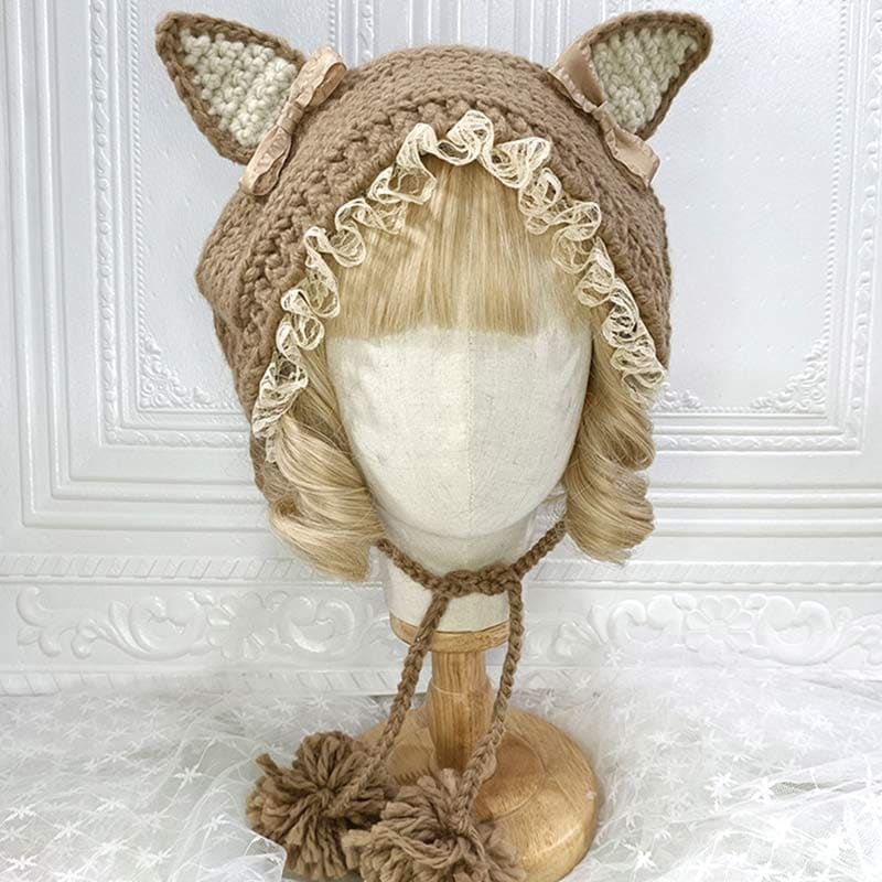 Cute Cat Ears Lace Lolita Hat Warm - Coffee / One Size