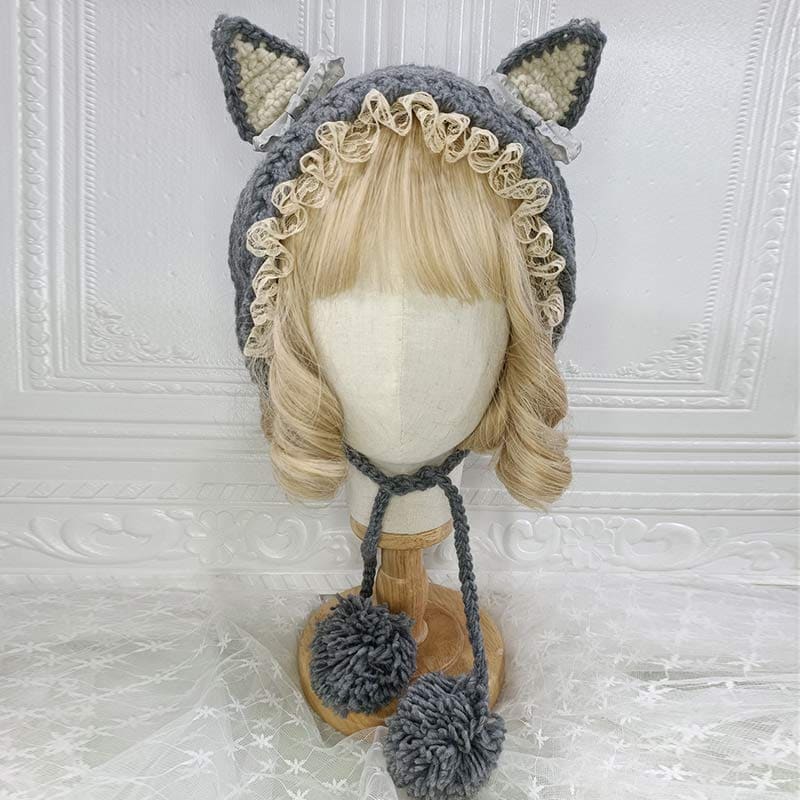 Cute Cat Ears Lace Lolita Hat Warm - Grey / One Size