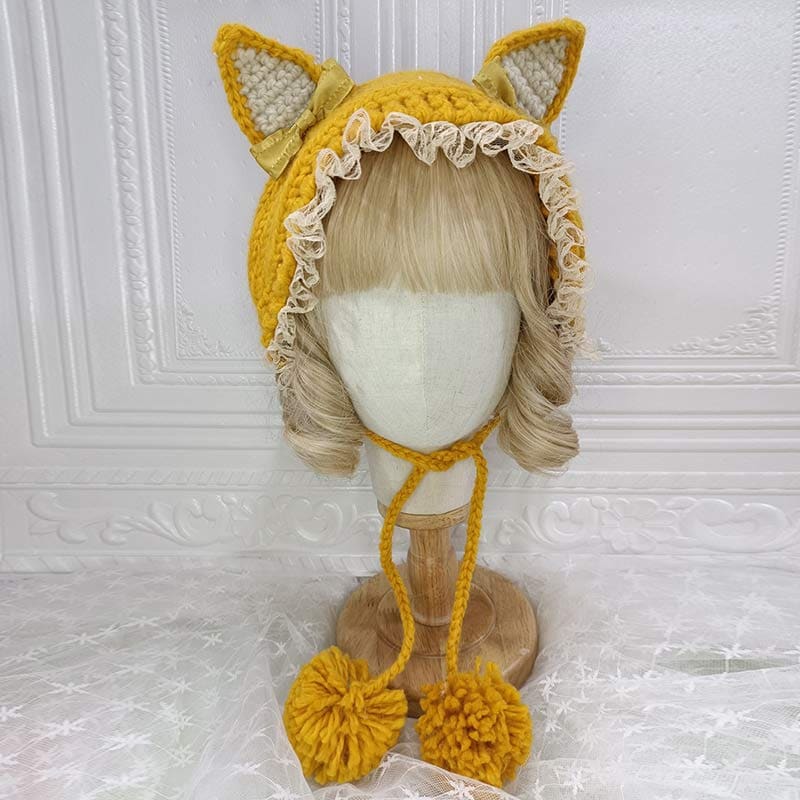 Cute Cat Ears Lace Lolita Hat Warm - Yellow / One Size