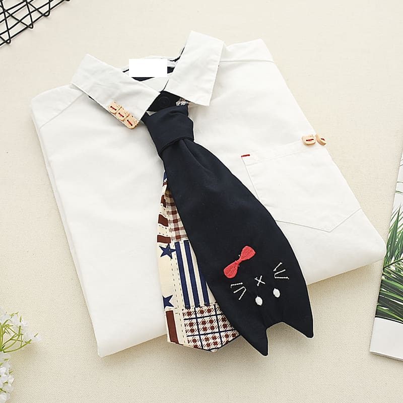 Cute Cat Tie Wooden Buckle Shirt