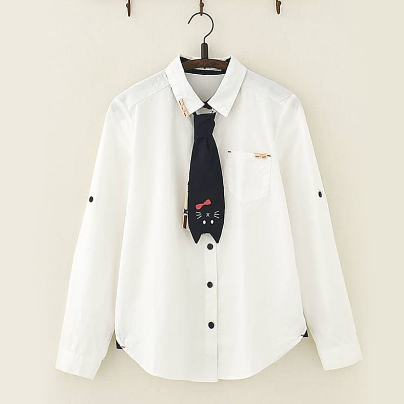 Cute Cat Tie Wooden Buckle Shirt - White / M