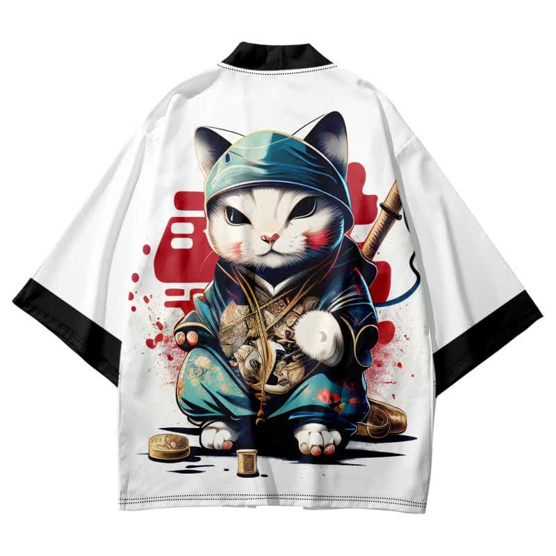 Cute Cat Warriors Print Cardigan Kimono Outerwear