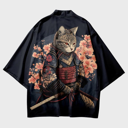 Cute Cat Warriors Print Cardigan Kimono Outerwear