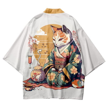 Cute Cat Warriors Print Cardigan Kimono Outerwear