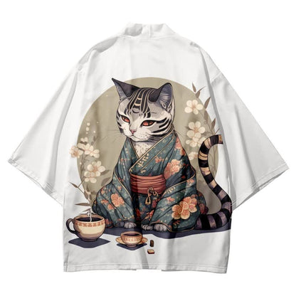 Cute Cat Warriors Print Cardigan Kimono Outerwear