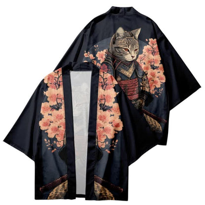 Cute Cat Warriors Print Cardigan Kimono Outerwear - Black