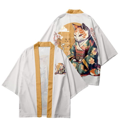 Cute Cat Warriors Print Cardigan Kimono Outerwear - White B