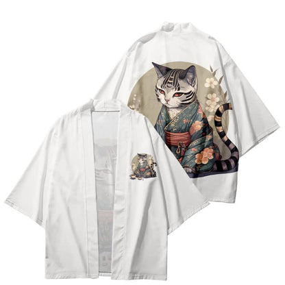 Cute Cat Warriors Print Cardigan Kimono Outerwear - White C